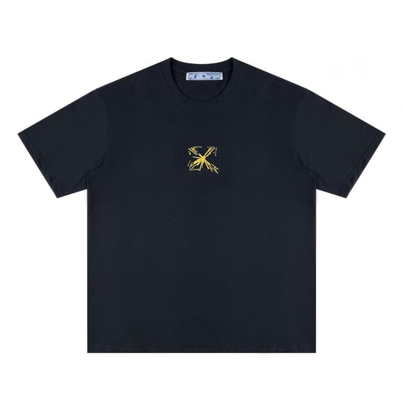 OFF WHIT Center Gold Small Warning Line Behind Large Warning Line Short Sleeve T